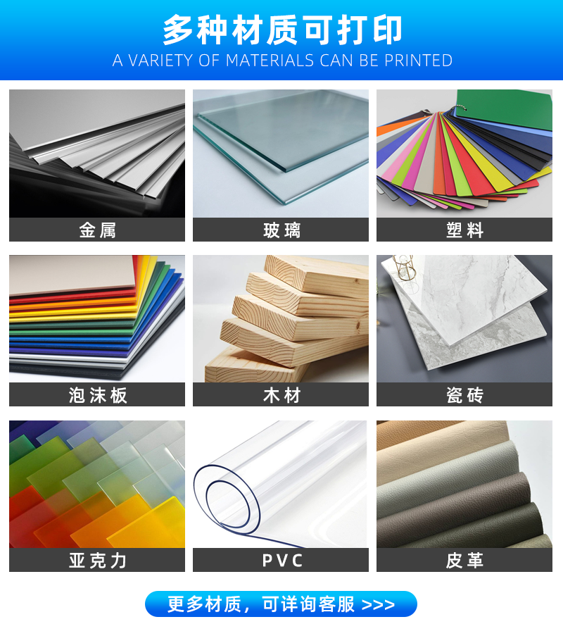 可打印的材料：金屬。玻璃、塑料